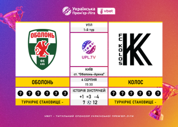 Матч 1-го туру Української Прем’єр-Ліги VBET «Оболонь» — «Колос»: статистичне прев’ю